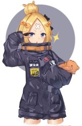 Rule 34 | 1girl, abigail williams (fate), abigail williams (traveling outfit) (fate), alternate hairstyle, bandaid, bandaid on face, bandaid on forehead, belt, black bow, black jacket, blonde hair, blue eyes, blush, bow, fate/grand order, fate (series), forehead, hair bow, hair bun, hand gesture, high collar, highres, holding, holding stuffed toy, jacket, long hair, looking at viewer, official alternate costume, open mouth, orange bow, parted bangs, polka dot, polka dot bow, simple background, single hair bun, sleeves past fingers, sleeves past wrists, solo, sparkle, stuffed animal, stuffed toy, teddy bear, thighs, v, white background, yuuki nao (pixiv10696483)