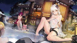 Rule 34 | 4girls, ahoge, animal ear fluff, animal ears, architecture, bare shoulders, barefoot, black panties, blonde hair, blush, braid, braided bun, breasts, bridal garter, chinese commentary, cleavage, collarbone, commentary request, covering privates, covering breasts, east asian architecture, embarrassed, fate/grand order, fate (series), flower, fox ears, hair between eyes, hair bun, hair flower, hair ornament, heart, heart panties, heart print, highres, jeanne d&#039;arc (fate), jeanne d&#039;arc alter (avenger) (fate), jeanne d&#039;arc alter (fate), lantern, large breasts, lingerie, long hair, looking at viewer, multiple girls, naked towel, nero claudius (fate), nero claudius (fate) (all), nero claudius (fate/extra), night, onsen, open mouth, outdoors, panties, pink hair, plumw, print panties, purple hair, red eyes, scathach (fate), silver hair, sitting, snow, snowman, tamamo (fate), tamamo no mae (fate/extra), teruterubouzu, thighs, towel, underwear, very long hair, yellow eyes