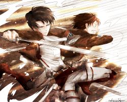 Rule 34 | 2boys, belt, black hair, blown air, boots, brown hair, clenched teeth, ascot, dress shirt, emblem, eren yeager, green eyes, holding, holding sword, holding weapon, jacket, knee boots, levi (shingeki no kyojin), masamune (eight5050), midair, motion lines, multiple boys, shingeki no kyojin, shirt, signature, sword, teeth, three-dimensional maneuver gear, weapon