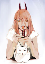 Rule 34 | 1girl, brown hair, candy, cat, chainsaw man, cross-shaped pupils, fangs, food, hair between eyes, holding, holding candy, holding food, horns, long hair, looking at viewer, meowy (chainsaw man), open mouth, power (chainsaw man), red horns, sharp teeth, shirt, shirushi (in), simple background, solo focus, symbol-shaped pupils, teeth, tongue, tongue out, white background, white cat, white shirt, yellow eyes