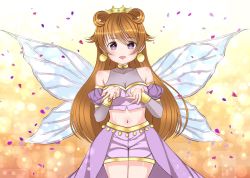 Rule 34 | 1girl, artist name, artist request, blush, bracelet, breasts, brown hair, butterfly (love live!), butterfly wings, choker, cleavage, clothing cutout, collarbone, cropped shirt, crown, detached sleeves, double bun, dress, dress shirt, earrings, female focus, gold bracelet, hair between eyes, hair bun, hair rings, harem outfit, insect wings, jewelry, konoe kanata, long hair, looking at viewer, love live!, love live! nijigasaki high school idol club, love live! school idol festival, navel, parted lips, petals, puffy short sleeves, puffy sleeves, purple eyes, purple shirt, purple shorts, purple sleeves, shirt, short sleeves, shorts, shoulder cutout, small breasts, smile, solo, two side up, wings, yellow bracelet, yellow choker