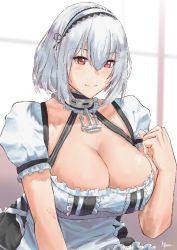 Rule 34 | 1girl, ai-bon, artist name, azur lane, blush, breasts, cleavage, closed mouth, hand up, headband, large breasts, looking at viewer, maid, maid headdress, red eyes, short hair, silver hair, simple background, sirius (azur lane), smile, solo, upper body