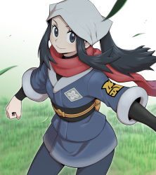 1girl, black hair, clenched hand, closed mouth, commentary, creatures (company), eyelashes, female protagonist (pokemon legends: arceus), floating hair, floating scarf, game freak, grass, grey eyes, grey legwear, head scarf, highres, leaves in wind, long hair, looking at viewer, nintendo, nutkingcall, pantyhose, pokemon, pokemon (game), pokemon legends: arceus, ponytail, red scarf, sash, scarf, sidelocks, smile, solo, white headwear