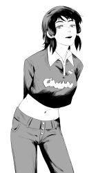 Rule 34 | 1girl, absurdres, arms behind back, chainsaw man, collared shirt, crop top, cropped shirt, greyscale, highres, knew nothing, low-tied sidelocks, mifune fumiko, monochrome, navel, open mouth, pants, shirt, solo, standing