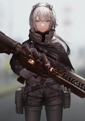 Rule 34 | 1girl, 3d, bandaid, bandaid on cheek, bandaid on face, belt pouch, black pantyhose, blue eyes, blurry, blurry background, gloves, grey gloves, grey hair, grey jacket, gun, hair between eyes, hairband, holding, holding gun, holding weapon, jacket, long hair, looking at viewer, mogumo, original, pantyhose, parted lips, ponytail, pouch, science fiction, scope, solo, tube, turtleneck, weapon