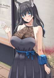 Rule 34 | 1girl, :d, animal ears, artist name, bare shoulders, black dress, black hair, blue bag, blue eyes, blue hair, blush, breasts, collarbone, commentary, commission, dress, english commentary, hand up, highres, keenh, large breasts, multicolored hair, open mouth, original, sideboob, smile, solo, streaked hair