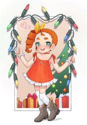 Rule 34 | 1girl, absurdres, blush, boots, bracelet, brown footwear, child, choker, christmas ornaments, christmas tree, collarbone, dress, drill hair, female focus, flat chest, full body, gift, green eyes, hair ribbon, heart, highres, jewelry, looking at viewer, missing tooth, open mouth, orange hair, original, red choker, red dress, ribbon, short eyebrows, short hair, sleeveless, sleeveless dress, smile, solo, spaghetti strap, standing, teeth, thick eyebrows, thighhighs, upper teeth only, yellow ribbon, yokappa (jokappa)