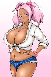 Rule 34 | 1girl, absurdres, belly, blush, bow, bracelet, breasts, cleavage, collarbone, curvy, dark-skinned female, dark skin, denim, denim shorts, eyeshadow, ganguro, gradient background, gyaru, hair bow, hair ribbon, hand on own hip, heart, heart necklace, highres, huge breasts, inverted nipples, jewelry, kogal, long hair, looking at viewer, makeup, muffin top, navel, necklace, open clothes, open shirt, original, parted lips, pink bow, pink bracelet, pink eyes, pink eyeshadow, pink hair, pink lips, plump, ribbon, sakae 08, seductive smile, shirt, short shorts, shorts, simple background, smile, solo, tan, thick thighs, thighs, tied shirt, twintails, very long hair