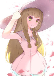 Rule 34 | 1girl, adjusting clothes, adjusting headwear, bare shoulders, blonde hair, blunt bangs, braid, closed mouth, collarbone, collared dress, commentary request, cowboy shot, creatures (company), dress, game freak, green eyes, hat, highres, light particles, lillie (pokemon), long hair, looking at viewer, nintendo, petals, pokemon, pokemon sm, see-through, sleeveless, sleeveless dress, smile (qd4nsvik), solo, standing, sun hat, sundress, twin braids, white background, white dress, white hat