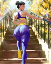 Rule 34 | 1girl, alternate hairstyle, ass, bare shoulders, black hair, blue pants, blue sports bra, brown eyes, capcom, chun-li, commentary, english commentary, hair bun, handrail, highres, infi, looking at viewer, looking back, outdoors, pants, pantylines, single hair bun, sky, solo, sports bra, stairs, street fighter, tight clothes, tight pants, toned, tree, walking