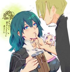 Rule 34 | 1boy, 3girls, aurastack, beer mug, blonde hair, blue eyes, blue hair, breasts, byleth (female) (fire emblem), byleth (fire emblem), chibi, chibi inset, closed mouth, cup, dimitri alexandre blaiddyd, drunk, edelgard von hresvelg, fire emblem, fire emblem: three houses, hand on another&#039;s face, holding, holding cup, mug, multiple girls, nintendo, open mouth, purple eyes, short hair, simple background, sothis (fire emblem), translation request, twitter username, white background
