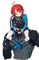Rule 34 | 2boys, antenna hair, blue shorts, boots, braid, carrying, eugene gallardo, fangs, furry, furry female, grey vest, grin, highres, male focus, mao (tales), multiple boys, muscular, muscular male, open mouth, piggyback, red eyes, red hair, shorts, simple background, single braid, size difference, smile, tales of (series), tales of rebirth, thighhighs, tiger boy, upper body, vest, white background, white thighhighs, yadayada, yellow eyes