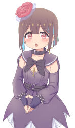 Rule 34 | 1girl, :o, black bow, black bowtie, black collar, black gloves, blue hair, blunt bangs, blunt ends, blush, bow, bowtie, brown eyes, brown hair, chuunibyou, collar, collarbone, colored inner hair, commentary request, cross, cross earrings, detached sleeves, dress, earrings, fingerless gloves, flower, gloves, hair between eyes, hair flower, hair ornament, highres, hozuki momiji, jewelry, long sleeves, looking at viewer, multicolored hair, o-ring, official alternate costume, onii-chan wa oshimai!, open mouth, puffy detached sleeves, puffy sleeves, rundraw, short hair, simple background, solo, spikes, steepled fingers, two-tone hair, white background