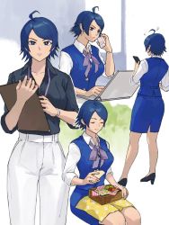 Rule 34 | 1girl, ahoge, black shirt, blue hair, blue skirt, bow, bowtie, commentary, computer, elisabeth blanctorche, formal, high heels, highres, holding, holding phone, laptop, lunchbox, office lady, oni gini, pants, parted bangs, phone, purple bow, shirt, short hair, skirt, skirt suit, suit, the king of fighters, white pants, white shirt