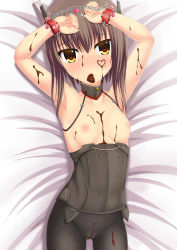 Rule 34 | 10s, 1girl, arms up, bdsm, bed, blush, bondage, bound, breasts, brown hair, cameltoe, candy, chain, chocolate, chocolate heart, cuffs, female focus, food, heart, heart-shaped lock, highres, kantai collection, looking at viewer, lying, mouth hold, nipples, on back, small breasts, solo, taihou (kancolle), yellow eyes