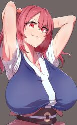 Rule 34 | 1girl, absurdres, arms behind head, arms up, blush, breasts, breath, doyagao, highres, huge breasts, looking at viewer, onozuka komachi, red eyes, red hair, simple background, smile, smug, solo, sotatsudraw, steaming body, sweat, touhou, upper body