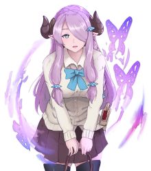 Rule 34 | 10s, 1girl, black thighhighs, blue eyes, blush, breasts, brown skirt, bug, butterfly, cardigan, cowboy shot, draph, granblue fantasy, hair ornament, hair over one eye, hayabusa (vert 320), horns, insect, large breasts, leaning forward, light purple hair, long hair, long sleeves, looking at viewer, narmaya (granblue fantasy), parted lips, pleated skirt, pointy ears, school uniform, skindentation, skirt, solo, thighhighs, v arms