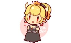 Rule 34 | 1girl, black dress, blonde hair, blush, bowsette, breasts, chibi, cleavage, dress, earrings, fang, horns, jen-jen rose, jewelry, mario (series), new super mario bros. u deluxe, nintendo, open mouth, pointy ears, ponytail, simple background, solo, super crown, white background