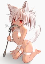 Rule 34 | 1girl, animal ear fluff, animal ears, bare shoulders, barefoot, breasts, collarbone, commentary, fish, food in mouth, full body, grey background, hair between eyes, holding, long hair, looking at viewer, mofuaki, mouth hold, original, panties, red eyes, revealing clothes, shadow, short eyebrows, skull, small breasts, soles, solo, tail, thick eyebrows, twintails, underwear, white hair, white panties, x x