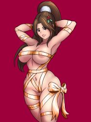 Rule 34 | 1girl, absurdres, alternate color, areola slip, armpits, arms behind head, bare shoulders, bluesanikman, breasts, brown eyes, brown hair, closed mouth, collarbone, cowboy shot, fatal fury, hair ornament, high ponytail, highres, large breasts, lips, looking at viewer, matching hair/eyes, mistletoe, naked ribbon, navel, ponytail, red background, ribbon, shiranui mai, simple background, solo, the king of fighters