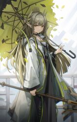 Rule 34 | 1girl, arknights, black choker, black skirt, brown eyes, brown hair, choker, closed mouth, coat, elf, feet out of frame, from side, grey shirt, hair ornament, high-waist skirt, holding, holding staff, holding umbrella, long hair, long skirt, long sleeves, looking at viewer, looking to the side, muelsyse (arknights), muzhucunmuzhucun, open clothes, open coat, petals, pointy ears, shirt, skirt, smile, solo, staff, standing, standing on one leg, umbrella, very long hair, white coat