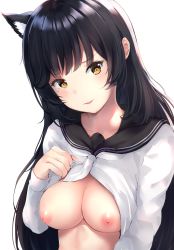 Rule 34 | 1girl, animal ears, atago (azur lane), atago (school traumerei) (azur lane), azur lane, bad id, bad pixiv id, black hair, black sailor collar, blush, breasts, clothes lift, collarbone, commentary request, curtains, extra ears, eyelashes, flashing, hand on own chest, head tilt, highres, large breasts, lifted by self, long hair, long sleeves, looking at viewer, medium breasts, mole, mole under eye, neckerchief, nipple slip, nipples, no bra, parted lips, ponyaru, ribbon, sailor collar, school uniform, serafuku, shirt, shirt lift, sidelocks, simple background, solo, swept bangs, uniform, upper body, white background, white neckerchief, white shirt, yellow eyes