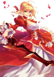 Rule 34 | 10s, 1girl, 2012, aestus estus, ahoge, armor, artist name, blonde hair, breasts, buttons, center opening, cleavage, dress, epaulettes, fate/extra, fate (series), greaves, green eyes, hair ribbon, holding, lace, lace-trimmed skirt, lace-trimmed sleeves, lace trim, large breasts, nero claudius (fate), nero claudius (fate) (all), nero claudius (fate/extra), petals, puffy sleeves, red dress, red ribbon, ribbon, see-through, simple background, skirt, smile, solo, sword, weapon, white background, yeruen