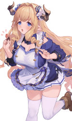 Rule 34 | 1girl, blonde hair, blue eyes, blush, breasts, chocolate, draph, food, granblue fantasy, hair intakes, highres, holding, holding food, horns, large breasts, long hair, looking at viewer, melting, off-shoulder sweater, off shoulder, open mouth, pointy ears, razia, shoes, simple background, skirt, solo, standing, standing on one leg, sweater, thighhighs, u jie, valentine, very long hair, white thighhighs