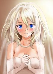 Rule 34 | 1girl, blonde hair, blue eyes, blush, breasts, bridal veil, closed mouth, collarbone, commentary request, dress, elbow gloves, girls und panzer, gloves, hand to own mouth, jewelry, light frown, looking at viewer, medium breasts, medium hair, messy hair, nakonako, necklace, oshida (girls und panzer), pearl necklace, skindentation, solo, strapless, strapless dress, upper body, veil, wedding dress, white dress, white gloves