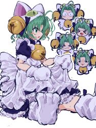 Rule 34 | &gt; &lt;, 1girl, :3, absurdres, ahoge, animal hands, animal hat, apron, apron hold, bell, black eyes, blue dress, blush, blush stickers, cat hat, chibi, chibi inset, constricted pupils, curtained hair, dejiko, di gi charat, dress, expressionless, furrowed brow, gloves, green eyes, green hair, hair bell, hair ornament, half-closed eyes, hat, highres, jingle bell, maid, mugi (mugimugi 9kv), multiple views, neck bell, outstretched legs, paw gloves, paw shoes, puffy short sleeves, puffy sleeves, short hair, short sleeves, sitting, smile, smug, two side up, white apron, white background, white footwear, white gloves, wide-eyed