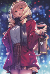 Rule 34 | 1girl, absurdres, blonde hair, blue eyes, blush, breasts, buttons, coat, fingernails, gift bag, hair ornament, hairband, hand on own hip, hanikami kanojo, highres, long hair, long sleeves, looking at viewer, medium breasts, night, open clothes, open coat, open mouth, outdoors, piromizu, pleated skirt, scan, scarf, shirt, shoudou erena, simple background, skirt, snow, snowing, solo, teeth, upper teeth only, winter clothes, winter coat
