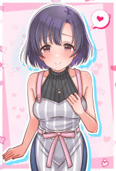 Rule 34 | 1girl, aged up, apron, arm at side, asymmetrical bangs, bare shoulders, black hair, black sweater, blue outline, blush, breasts, check commentary, closed mouth, commentary request, cowboy shot, denim, dot nose, grey apron, hand on own chest, heart, highres, idolmaster, idolmaster cinderella girls, jeans, jewelry, looking at viewer, mariabowl, medium bangs, medium breasts, necklace, outline, pants, pendant, pink background, pink eyes, polka dot, polka dot ribbon, ribbon, shiragiku hotaru, short hair, sidelocks, sleeveless, sleeveless sweater, smile, solo, speech bubble, standing, straight-on, straight hair, sweater, waist ribbon