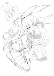 Rule 34 | 10s, 1girl, greyscale, highres, kantai collection, kneeling, light smile, lineart, long hair, miniskirt, monochrome, ningen (ningen96), pleated skirt, rensouhou-chan, shimakaze (kancolle), simple background, skirt, solo, striped clothes, striped thighhighs, thighhighs, white background