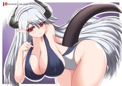 Rule 34 | 1girl, breasts, dragon girl, dragon horns, dragon tail, epic seven, horns, large breasts, looking at viewer, luna (epic seven), pointy ears, red eyes, solo, swimsuit, tail