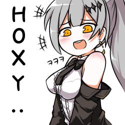 Rule 34 | +++, 1girl, :d, bad id, bad pixiv id, bare shoulders, black bow, black bowtie, black jacket, blush, bow, bowtie, breasts, commentary, earrings, english commentary, five-seven (girls&#039; frontline), girls&#039; frontline, grey hair, hair ornament, hoxy?, jacket, jewelry, korean text, large breasts, laughing, long hair, long sleeves, looking at viewer, lowres, off shoulder, open mouth, pelican (s030), ponytail, romaja text, shirt, simple background, sleeveless, sleeveless shirt, smile, smug, solo, teeth, transparent background, upper body, upper teeth only, white shirt, yellow eyes
