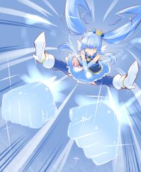 Rule 34 | 10s, 1girl, angry, arakawa tarou, attack, blue background, blue hair, blue skirt, blue theme, blue thighhighs, boots, brooch, crown, cure princess, full body, hair ornament, hair ribbon, happinesscharge precure!, heart, heart brooch, high heel boots, high heels, highres, jewelry, long hair, magical girl, precure, ribbon, shirayuki hime, shirt, simple background, skirt, solo, thighhighs, thighs, twintails, vest, wrist cuffs