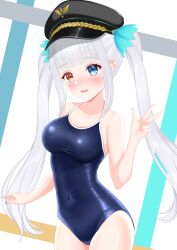 Rule 34 | absurdres, black hat, blue eyes, blue one-piece swimsuit, breasts, commission, competition school swimsuit, covered navel, hat, heterochromia, highres, kagura gumi, kagura mea, long hair, medium breasts, one-piece swimsuit, orange eyes, paryi project, peaked cap, pixiv commission, school swimsuit, surgate matias, swimsuit, twintails, v, virtual youtuber, white hair