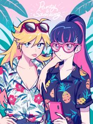 Rule 34 | 2girls, :p, alternate hairstyle, bad id, bad tumblr id, blonde hair, breasts, cellphone, cleavage, collarbone, commentary request, frown, hawaiian shirt, highres, kisaragi yuu (fallen sky), multicolored hair, multiple girls, nail polish, panty &amp; stocking with garterbelt, panty (psg), phone, ponytail, shirt, siblings, sisters, stocking (psg), sunglasses, tongue, tongue out, two-tone hair