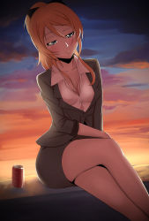 Rule 34 | 10s, 1girl, absurdres, ayase eli, baliu, black bow, blonde hair, blue eyes, blush, bow, breasts, can, cleavage, cloud, coca-cola, hair bow, highres, jacket, crossed legs, long hair, love live!, love live! school idol festival, love live! school idol project, office lady, open clothes, open jacket, sitting, smile, solo, sunset