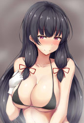 Rule 34 | 1girl, bad id, bad pixiv id, bikini, black bikini, black hair, blush, breasts, cleavage, closed mouth, gloves, grey background, hair ribbon, hand on own chest, highres, isokaze (kancolle), kantai collection, large breasts, long hair, looking at viewer, micro bikini, purple eyes, ribbon, sidelocks, simple background, skindentation, smile, solo, steam, swimsuit, terakoya, tress ribbon, upper body, white gloves