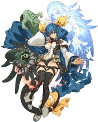 Rule 34 | 1boy, 2girls, arc system works, asymmetrical wings, belt, black legwear, black panties, blue hair, boots, breasts, choker, cleavage, crossover, dizzy (guilty gear), duplicate, green eyes, guilty gear, guilty gear xrd, hair between eyes, hair ribbon, large breasts, long hair, midriff, monster girl, multiple girls, navel, necro (guilty gear), official art, panties, red eyes, ribbon, skull, star ocean, star ocean anamnesis, tail, tail ornament, tail ribbon, thick thighs, thigh strap, thighhighs, thighs, twintails, underwear, undine (guilty gear), very long hair, wings, yasuda akira, yellow ribbon
