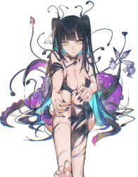 Rule 34 | 1girl, aqua hair, barefoot, black dress, black hair, black nails, breasts, cleavage, dress, green eyes, highres, large breasts, long hair, looking at viewer, lucadark art, mole, mole under eye, multicolored hair, nail polish, original, prehensile hair, simple background, sitting, solo, strapless, strapless dress, tentacles, torn clothes, two side up, very long hair, white background