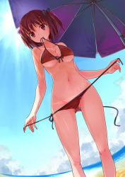 Rule 34 | 1girl, beach, beach umbrella, bikini, breasts, cloud, collarbone, day, fisheye, from below, front-tie top, hair ribbon, kakuno, large breasts, looking at viewer, mouth hold, navel, original, outdoors, red bikini, red eyes, red hair, ribbon, short hair, side-tie bikini bottom, sky, smile, solo, sun, swimsuit, tan, tanline, twintails, umbrella, undressing, untied, wet
