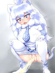 Rule 34 | 1girl, absurdres, censored, cleft of venus, clothes pull, fang, hands on own knees, highres, kemono friends, pantyhose, pantyhose pull, peeing, pussy, simple background, skin fang, solo, squatting, white eyes, white hair, white lion (kemono friends), y-san (yoshino yuuri)