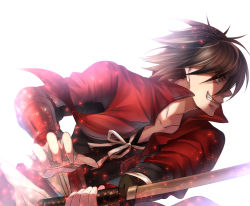 Rule 34 | 10s, 1boy, bandaged hand, bandages, brown hair, collarbone, drifters, from side, grin, hair over one eye, hatori mia, highres, holding, holding sword, holding weapon, jacket, katana, male focus, red jacket, shimazu toyohisa, simple background, smile, solo, sword, weapon, white background