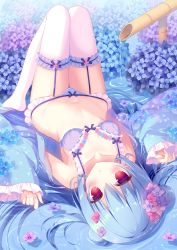 Rule 34 | 1girl, :o, blue bra, blue flower, blue hair, blue kimono, blue panties, blush, bow, bow bra, bow panties, bra, breasts, commentary request, double bun, flower, frilled sleeves, frilled thighhighs, frills, garter straps, hair between eyes, hair bun, hasune, highres, hydrangea, japanese clothes, kimono, knees together feet apart, knees up, long sleeves, looking at viewer, lying, navel, no shoes, on back, open clothes, open kimono, original, panties, parted lips, pink flower, red eyes, shallow water, shishi odoshi, sleeves past wrists, small breasts, solo, thigh gap, thighhighs, underwear, water, wide sleeves