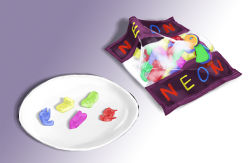 Rule 34 | bag, candy, food, food focus, gradient background, gummy bears, juunin juuwiro, neon, no humans, plate, yume nikki