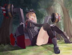 Rule 34 | 10s, bad id, bad pixiv id, blonde hair, blue eyes, forest, gloves, hat, kantai collection, kikkaiki, machinery, nature, peaked cap, prinz eugen (kancolle), sitting, skirt, smile, solo, twintails, uniform