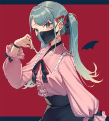 Rule 34 | 1girl, arl, bandaid, bandaid on neck, black nails, black ribbon, black skirt, blue eyes, blue hair, blush, bracelet, center frills, cowboy shot, ear piercing, frilled shirt, frilled shirt collar, frills, from side, hair ornament, hair ribbon, hatsune miku, heart, heart hair ornament, jewelry, long sleeves, looking at viewer, looking to the side, mask, mouth mask, nail polish, piercing, pink shirt, puffy long sleeves, puffy sleeves, ribbon, shirt, skirt, solo, swept bangs, twintails, two-tone background, vampire (vocaloid), vocaloid