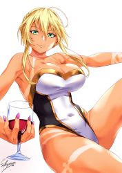 Rule 34 | 1girl, ahoge, armpits, artist name, artoria pendragon (fate), artoria pendragon (lancer) (fate), blonde hair, braid, breasts, cleavage, collarbone, covered navel, cup, cupping glass, drinking glass, fate/grand order, fate (series), fingernails, french braid, gold trim, green eyes, hair between eyes, holding, holding cup, holding drinking glass, knee up, large breasts, lips, looking at viewer, nail polish, one-piece swimsuit, purple nails, revealing tanlines, sakiyamama, simple background, sitting, smile, solo, strapless, strapless one-piece swimsuit, swimsuit, tan, tanline, tanlines, two-tone swimsuit, white background, wine glass